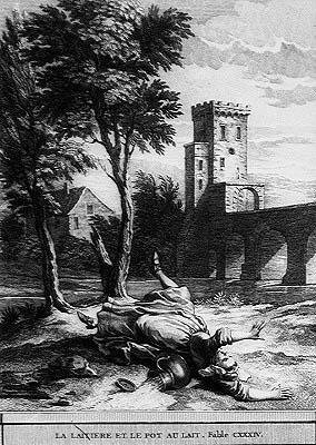 a leiteira e o jarro de leite (gravura de Jean Baptiste (after) Oudry