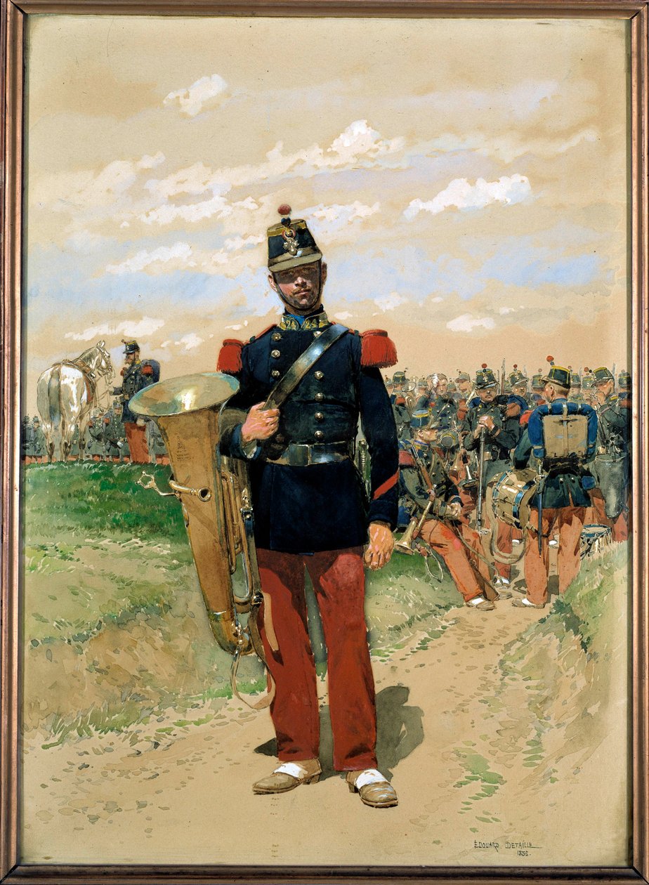 Música de linha: um soldado membro da orquestra militar em 1855. Aguarela de Edouard Detaille (1848-1912). 1855. Paris, Musee de l