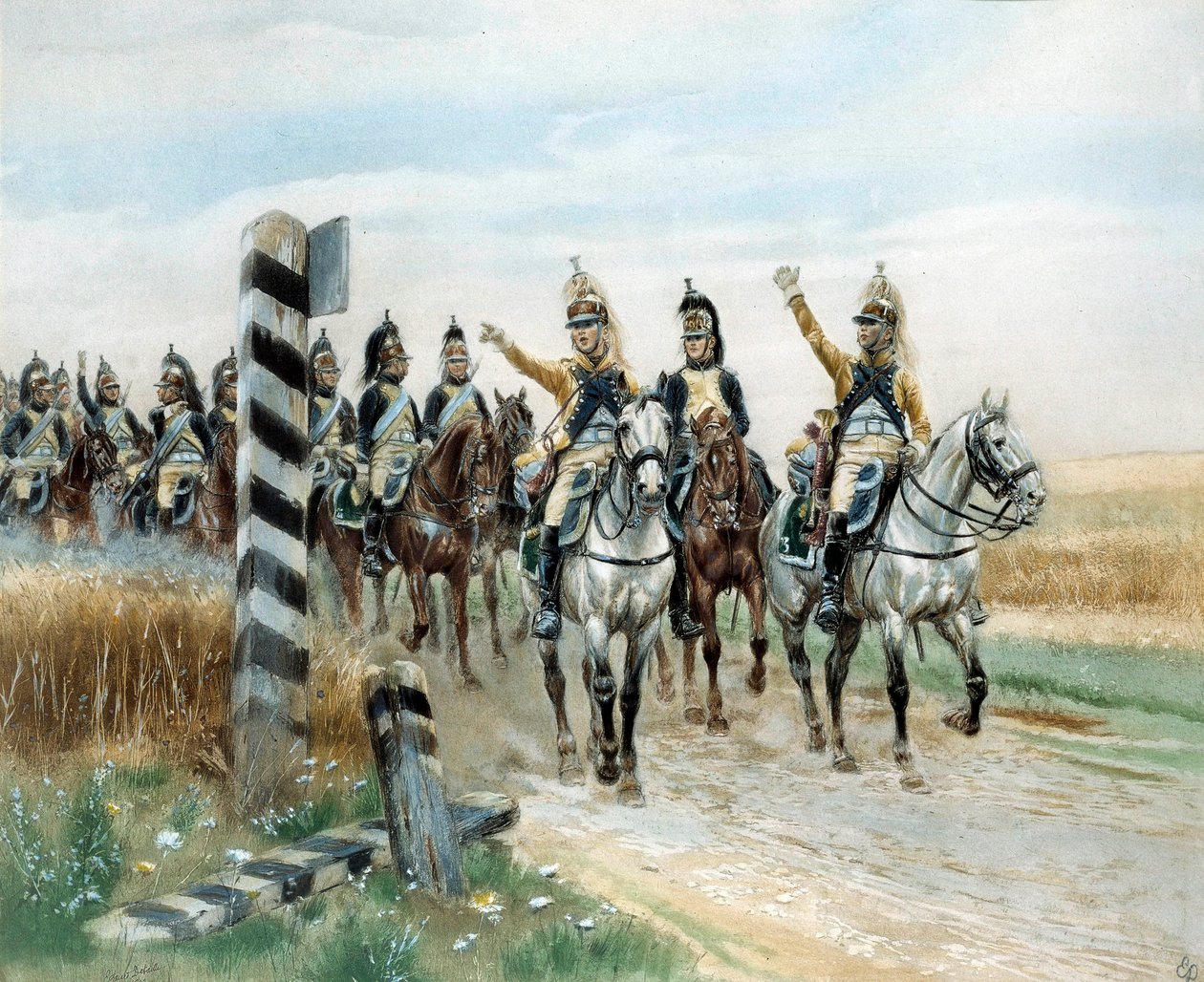 O posto fronteiriço, 23º Dragon Watercolour por Edouard Detaille (1848-1912). Século XIX. Paris, Musee de l