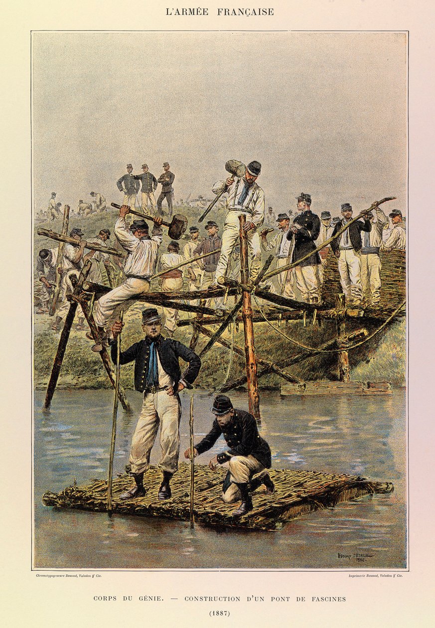 Tipos e uniformes da Armadura Francesa do Capitão Jules Richard, ilustrados por Edouard Detaille (1848-1912): Corps de Genie; Construção de uma ponte de fascínio em 1887, Colecção privada de Jean-Baptiste Edouard Detaille