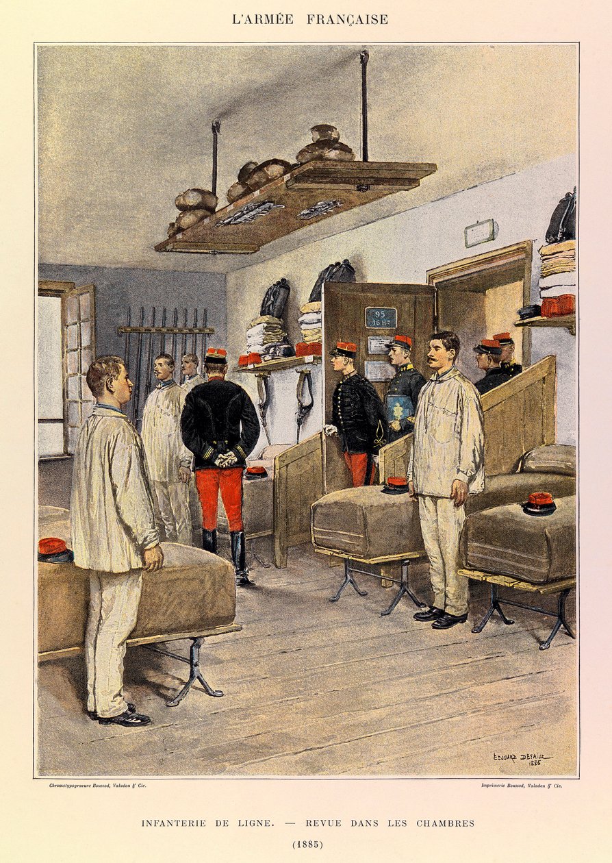 Tipos e uniformes da Armadura Francesa do Capitão Jules Richard, ilustrados por Edouard Detaille (1848-1912): Linha de infantaria: Revue dans les chambers en 1885, Colecção privada de Jean Baptiste Edouard Detaille