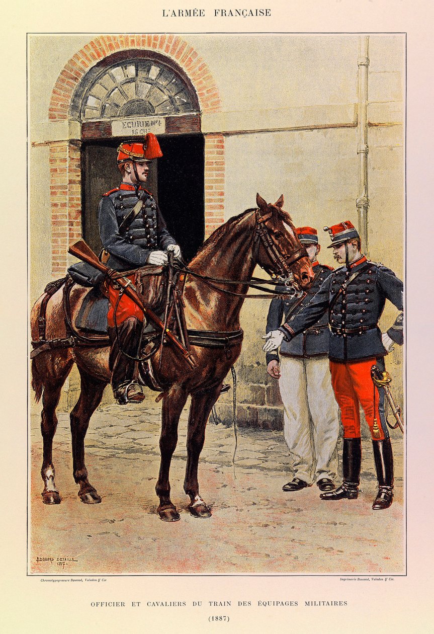 Tipos e uniformes da Armadura Francesa do Capitão Jules Richard, ilustrados por Edouard Detaille (1848-1912): Oficial e cavaleiros do comboio das tripulações militares em 1887, Colecção privada de Jean Baptiste Edouard Detaille