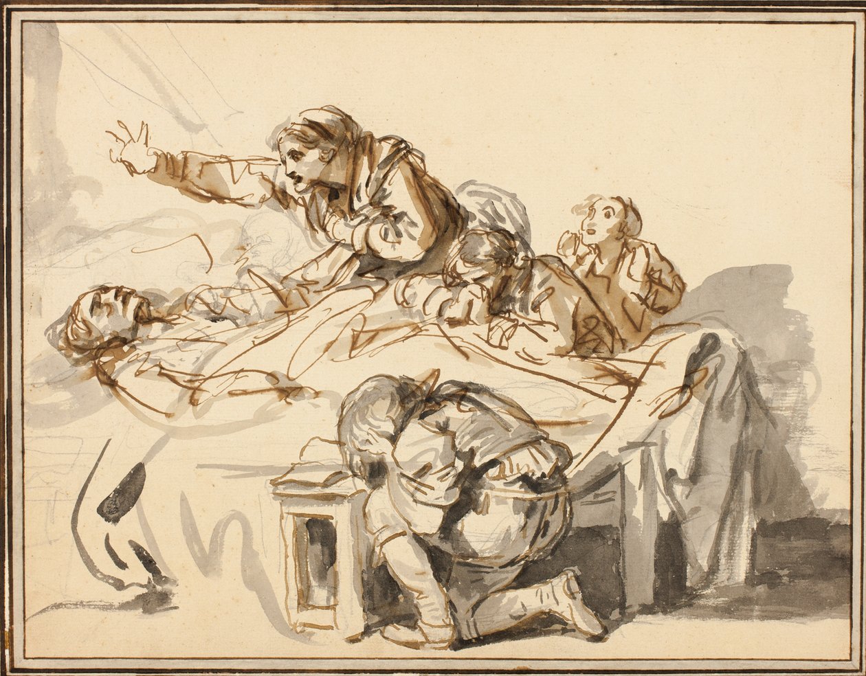 Mulheres e crianças lamentando um homem morto de Jean-Baptiste Greuze