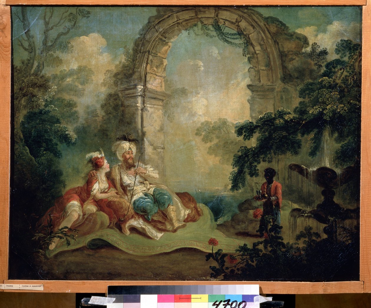 Orientalismo: "Paxá turco e odalisco deitado sobre um tapete, servido por um criado negro" (Paxá turco e odalisco) Pintura de Jean Baptiste Hilaire (1753-c. 1822) Museu Pushkin, Moscovo de Jean Baptiste Hilaire