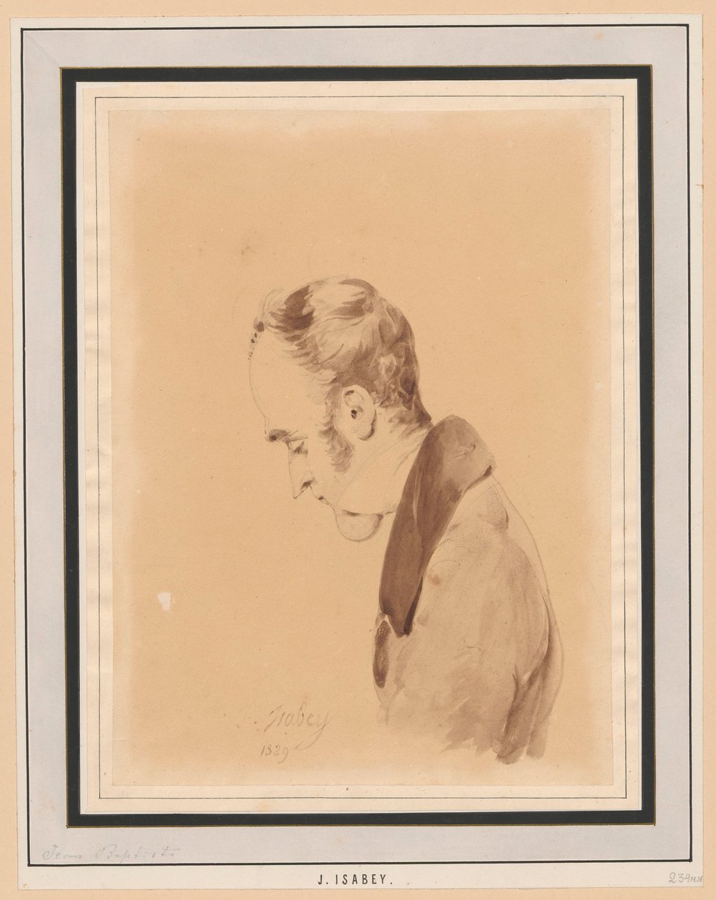 Retrato de meio-corpo de um homem de perfil para a direita - autorretrato do artista em idade avançada de Jean-Baptiste Isabey