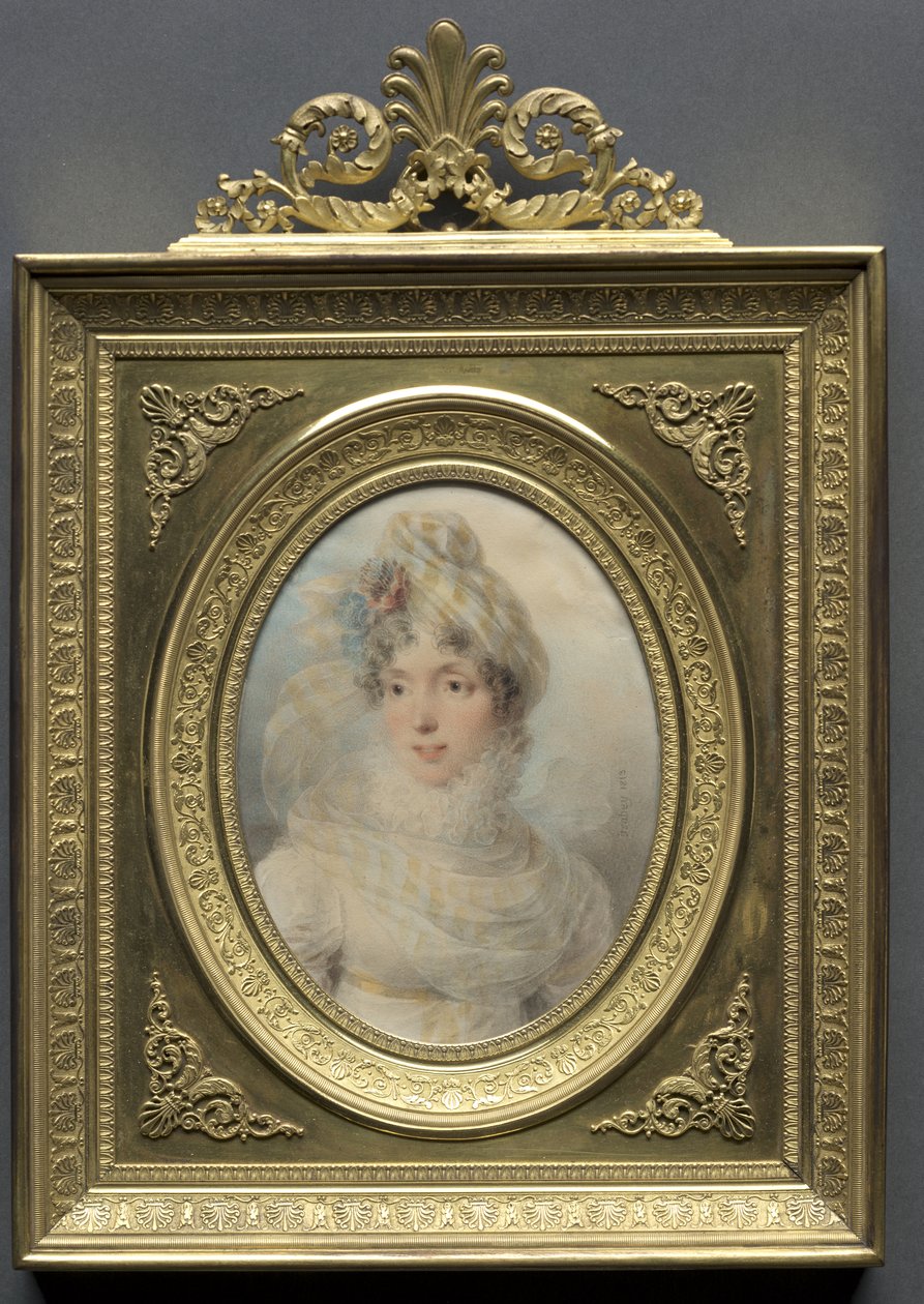 Retrato de uma mulher com um vestido branco de Jean-Baptiste Isabey