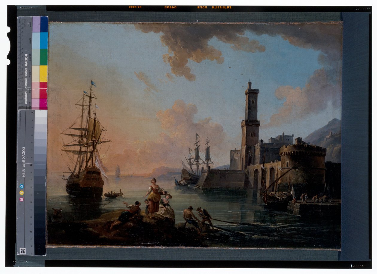 Pescadores e cortesãs num porto mediterrânico ao pôr do sol de Jean Baptiste Lallemand