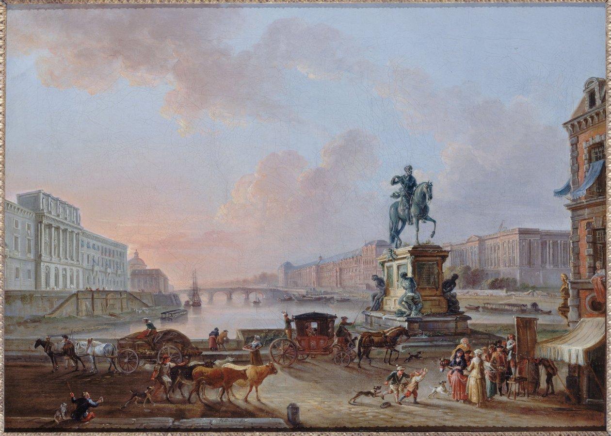 La Monnaie, a Pont Royal e o Louvre, vistos da Pont-Neuf terre-plein, cerca de 1775, cerca de 1775 (óleo) de Jean Baptiste Lallemand