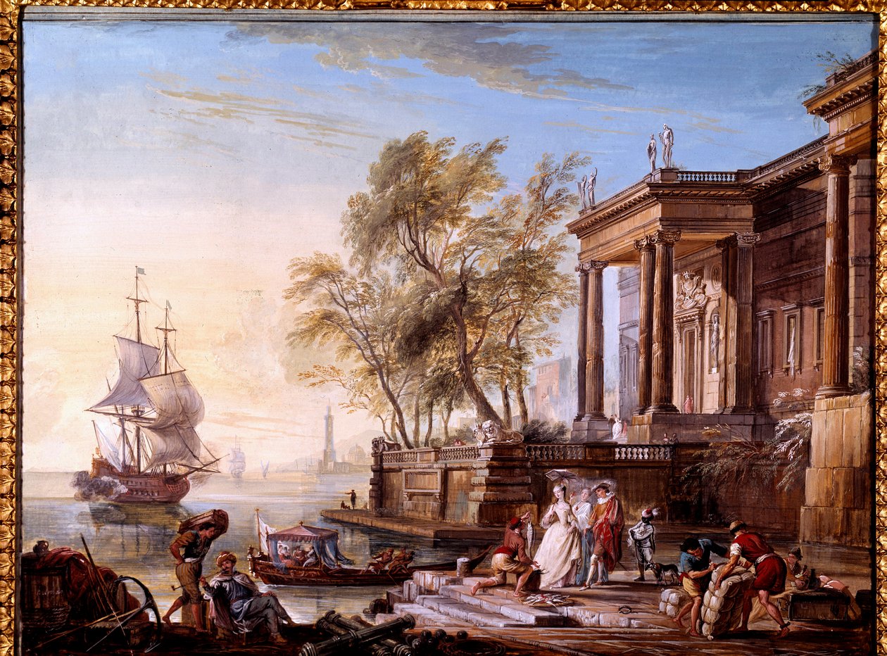 Marinha ao pôr-do-sol Pintura de Jean Baptiste Lallemand (Lallemant) (1710-1803) Dijon do século XVIII, Musee des Beaux Arts. de Jean Baptiste Lallemand