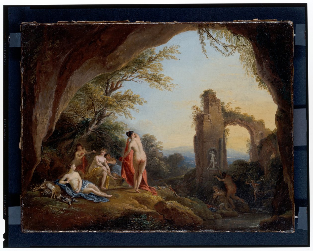 Ninfas e sátiros numa paisagem fluvial Diana e Actaeon numa paisagem com ruínas de Jean Baptiste Lallemand