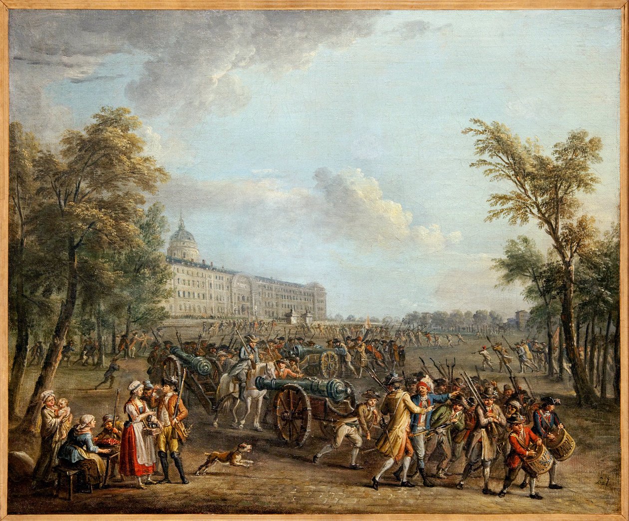 Pilhagem de armas nos Inválidos, o povo de Paris, após tomar posse do Garde Meuble a 13 de Julho, invadiu os Inválidos a 14 de Julho de 1789, e levou 4 armas e 34 000 armas, Pintura de Jean Baptiste Lallemand (1716-1803). Fotografia, KIM Youngta de Jean Baptiste Lallemand