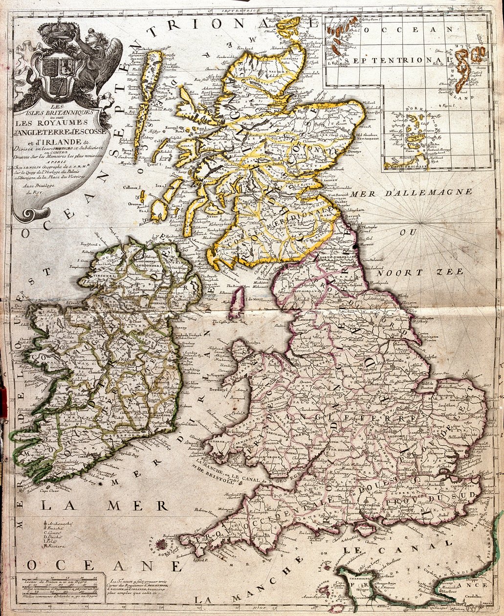 Mapa dos reinos da Inglaterra, Escócia e Irlanda (Grã-Bretanha) (Gravura de Jean Baptiste Nolin
