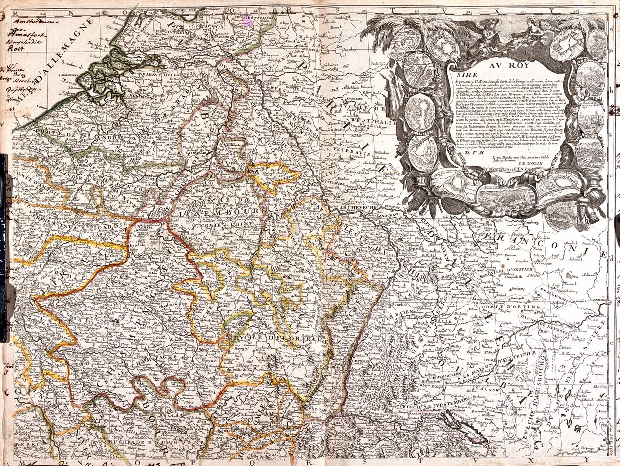 Sul dos Países Baixos, Bélgica, França (região: Nord-Pas-de-Calais, Picardia, Île-de-France, Centro-Este, Borgonha-Norte, Fanche-Comté-Norte, Champagne-Ardenne, Lorena, Alsácia), Suíça (Cantão: Jura, Basileia-Stadt, Basileia-Lapd, Solothurn, Argóvia, Zuriq de Jean-Baptiste Nolin