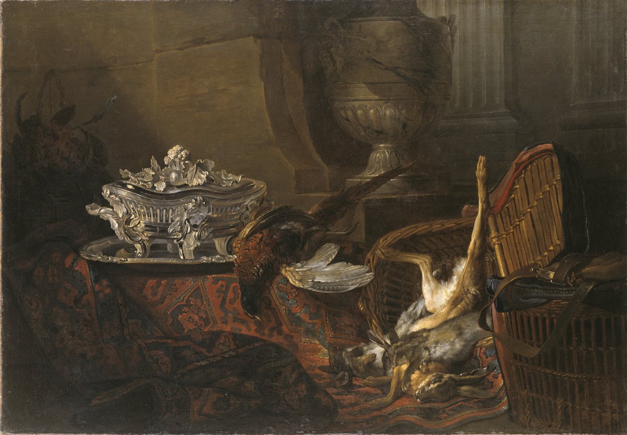 Natureza-morta com caça abatida e uma terrina de prata sobre um tapete turco de Jean-Baptiste Oudry