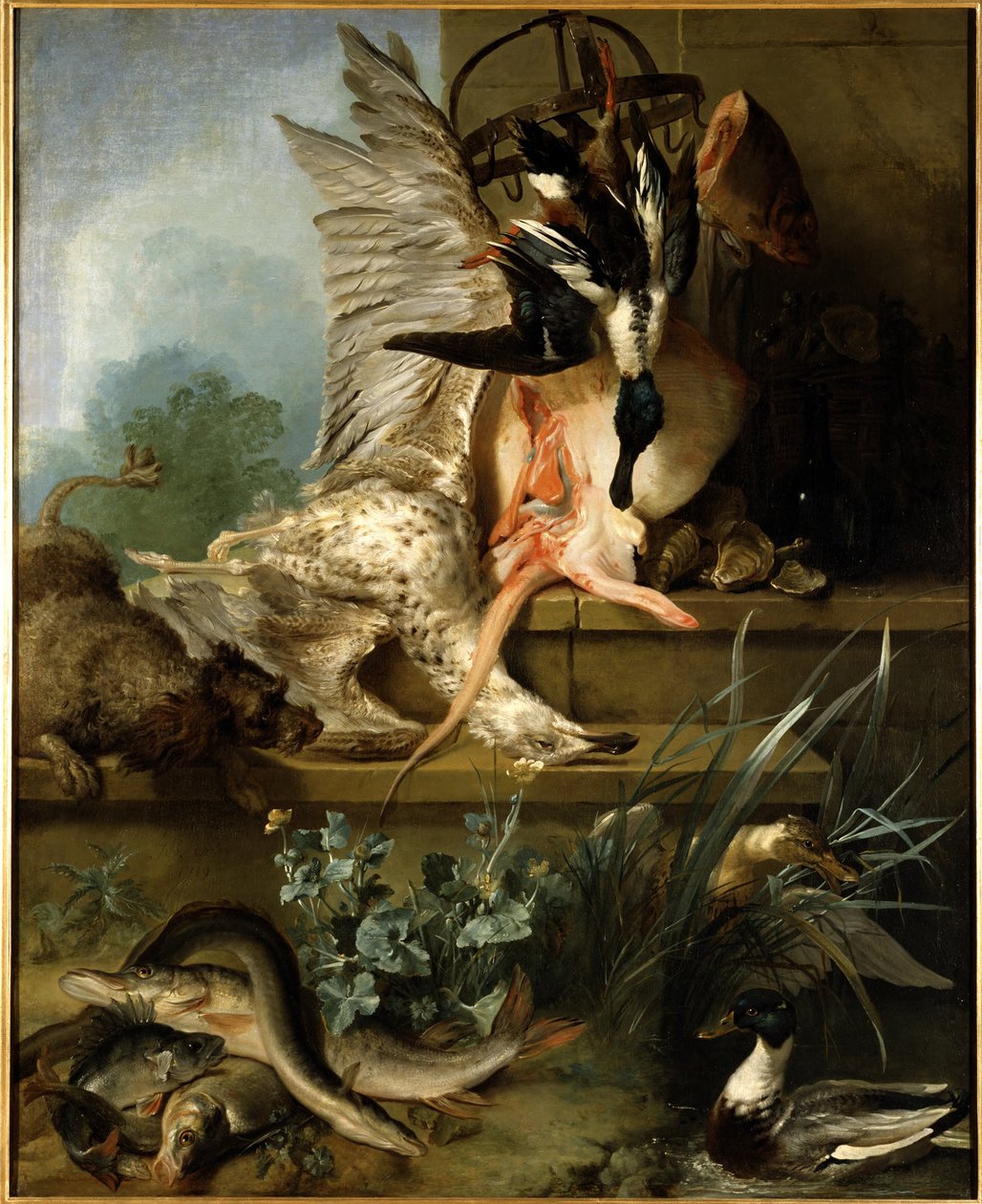 Stillleben mit einem Spaniel, der Enten jagt ("Wasser") de Jean-Baptiste Oudry