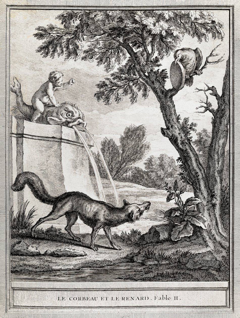 The Crow and the Fox, ilustração de Jean-Baptiste Oudry (1686-1755) para a fábula de Jean de La Fontaine (1621-1695) de Jean Baptiste Oudry