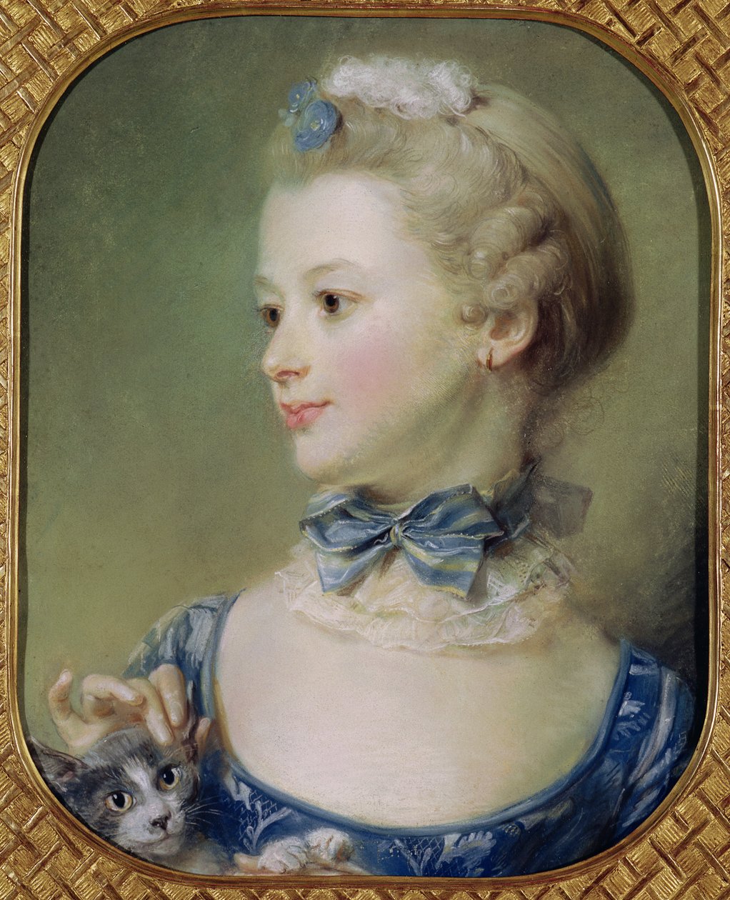 Rapariga com um gato (pastel em pergaminho) de Jean Baptiste Perronneau