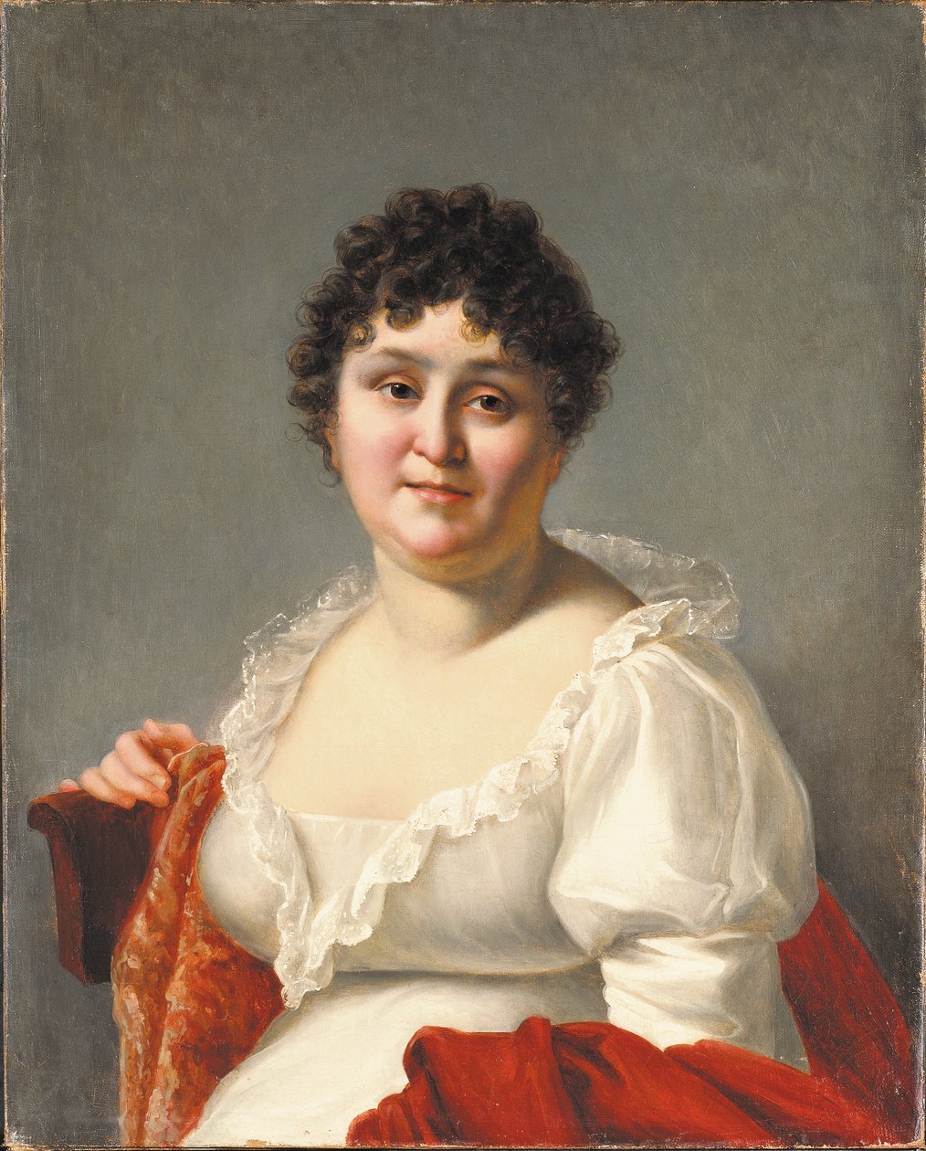 Retrato de Madame Regnault, na altura do busto, em um vestido branco e xale de caqui (óleo sobre tela) de Jean Baptiste Regnault