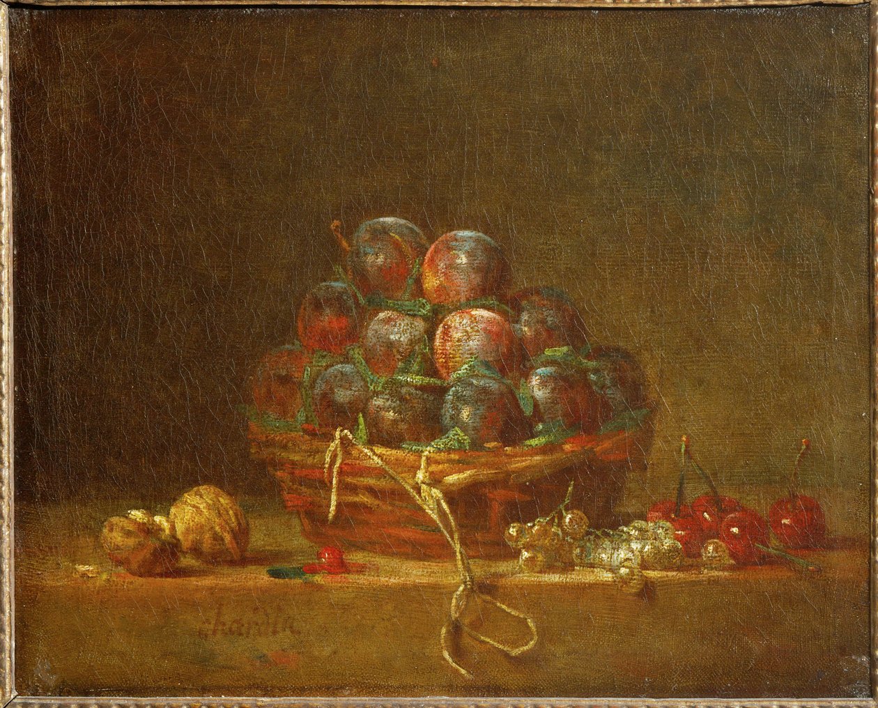Um cesto com ameixas, nozes, groselhas e cerejas (pintura sobre tela) de Jean-Baptiste Simeon Chardin