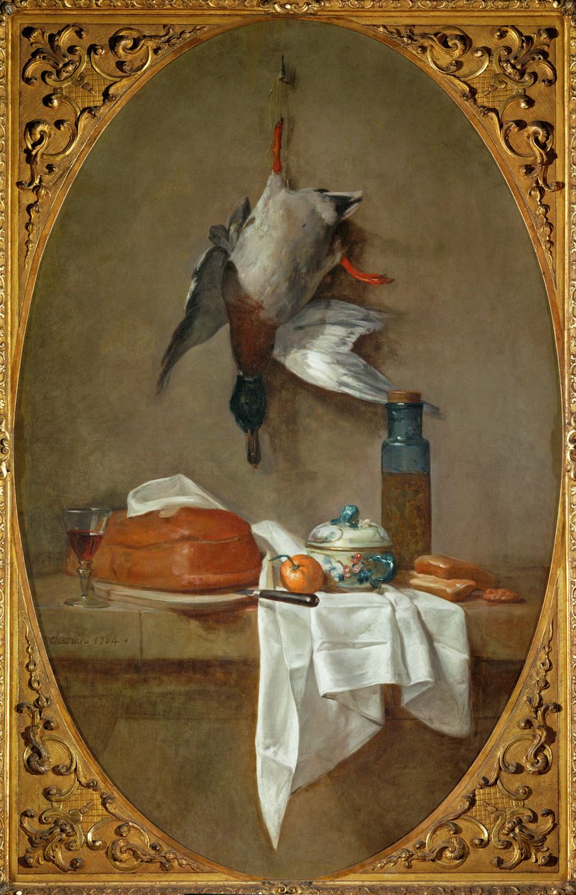 Canard moDuck pendurado por uma perna, tarte, tigela e pote com azeitonas (pintura sobre tela) de Jean-Baptiste Simeon Chardin