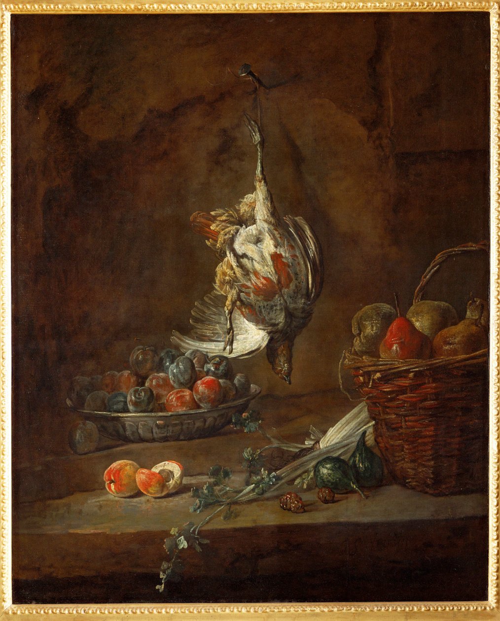 Perdiz morta pendurada numa perna, taça com ameixas secas e cesto com pêras (pintura sobre tela) de Jean-Baptiste Simeon Chardin