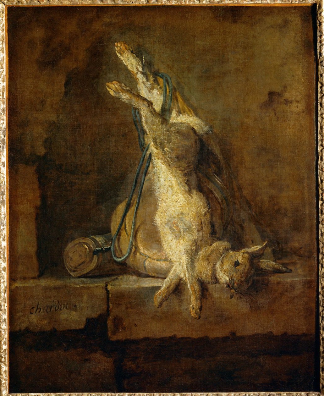 Lapin de Garenne mort avec une gibeciere et une poire a poudre - lebre morta com saco de caça e frasco de pólvora ... de Jean Baptiste Simeon Chardin