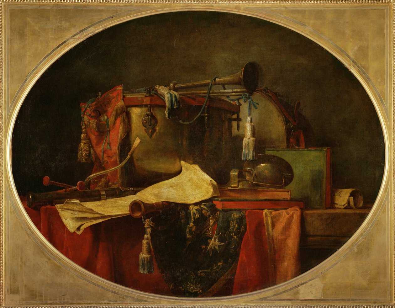 Les attributs de la music guerriere - Os atributos da música marcial, supraporte para o Chateau de Bellevue1767 ... de Jean-Baptiste Simeon Chardin
