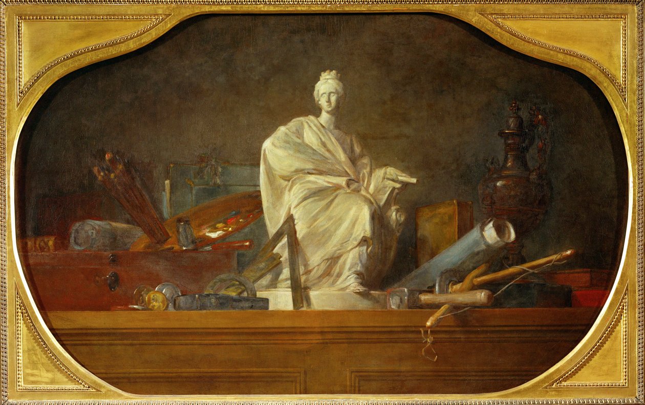 Les attributs des arts - os atributos das artes, peça complementar de 40-12-16/29, um dos três suportes do castelo de Choisy ... de Jean Baptiste Simeon Chardin
