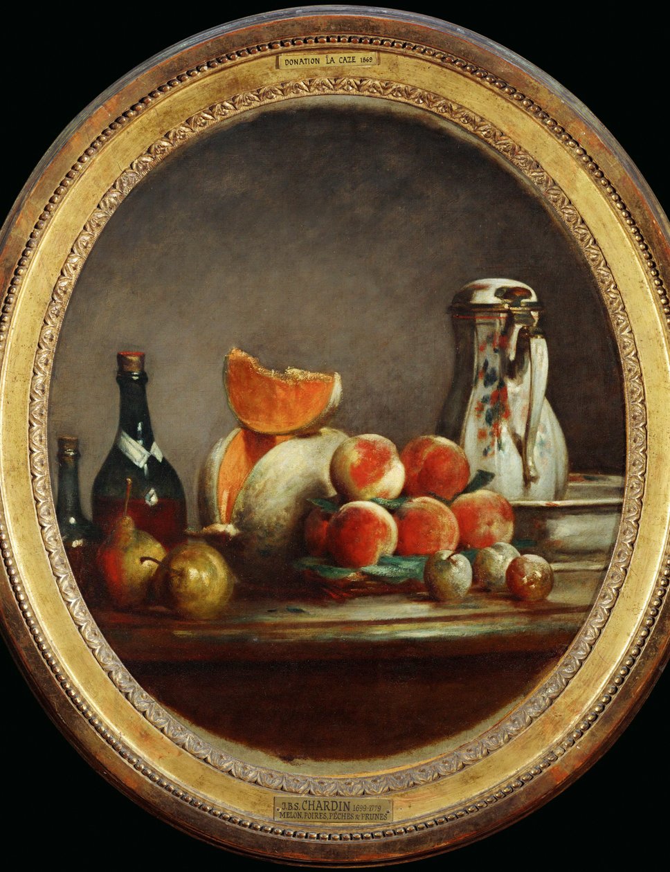 Melon, poires, peches et prunes - Melão, pêras, pêssegos e ameixas -Atelier de Chardin, réplica de um quadro de uma coleção privada ... de Jean Baptiste Simeon Chardin