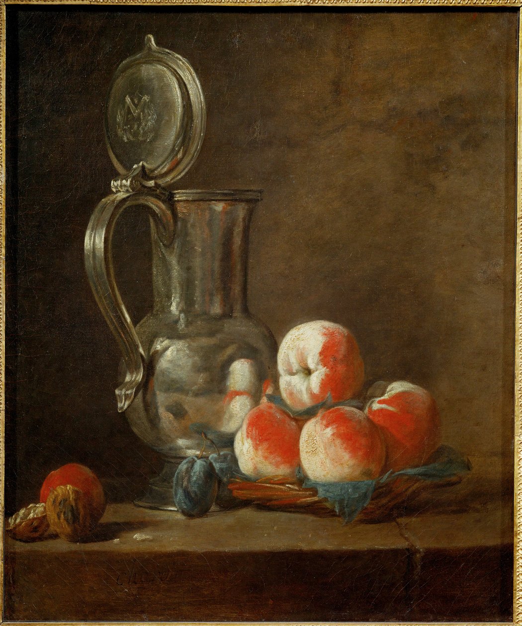 Pote de estanho com prato de pêssegos, ameixas secas e nozes (pintura sobre tela) de Jean-Baptiste Simeon Chardin