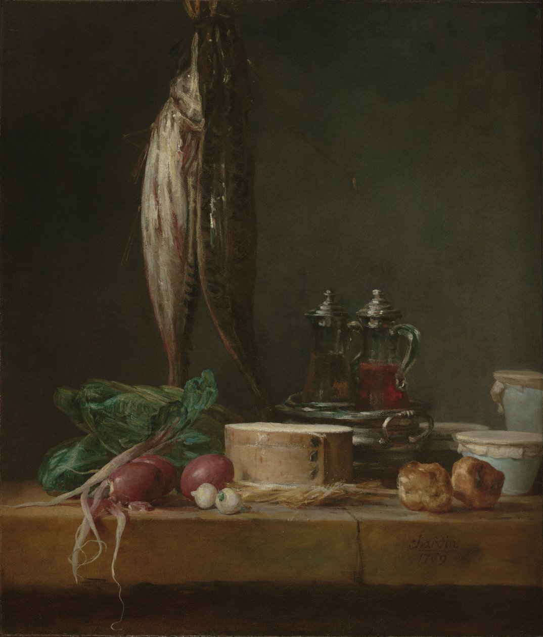 Natureza morta com peixe, legumes, gougères, panelas e galheteiros sobre uma mesa de Jean-Baptiste Simeon Chardin
