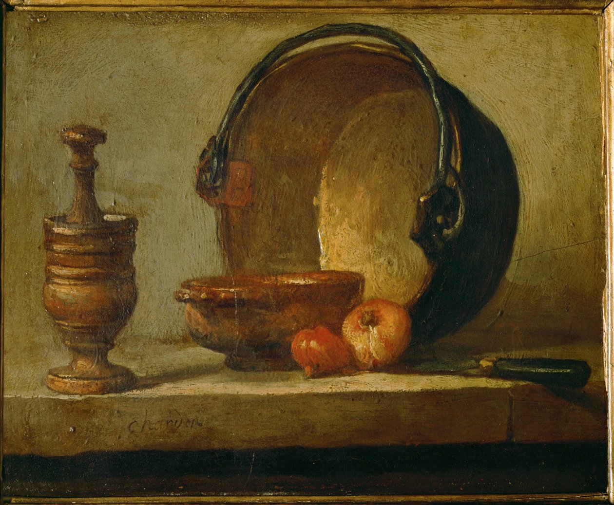 O caldeirão de cobre ... (óleo sobre tela) de Jean Baptiste Simeon Chardin