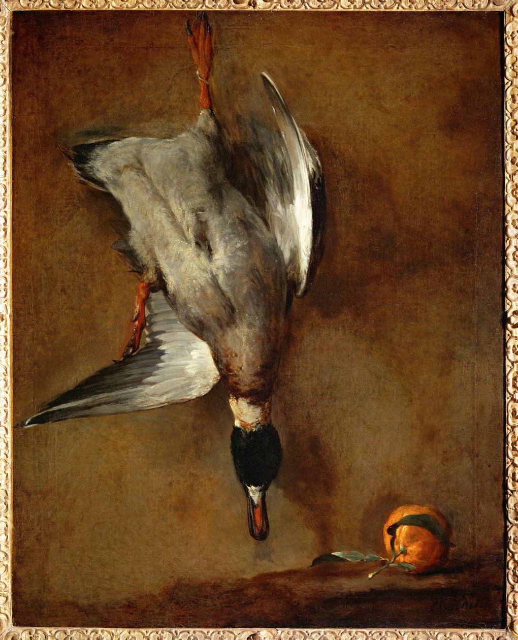 pato, pendurado numa parede, e laranja amarga (pintura sobre tela) de Jean-Baptiste Simeon Chardin