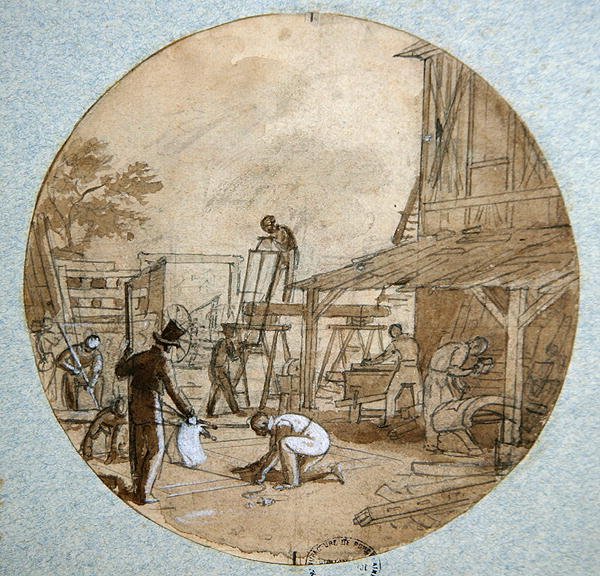 A Oficina do Carpinteiro, design de placas para um serviço que retrata diferentes ofícios, c.1820-35 (caneta e tinta e lavagem e guache sobre papel) de Jean Charles Develly