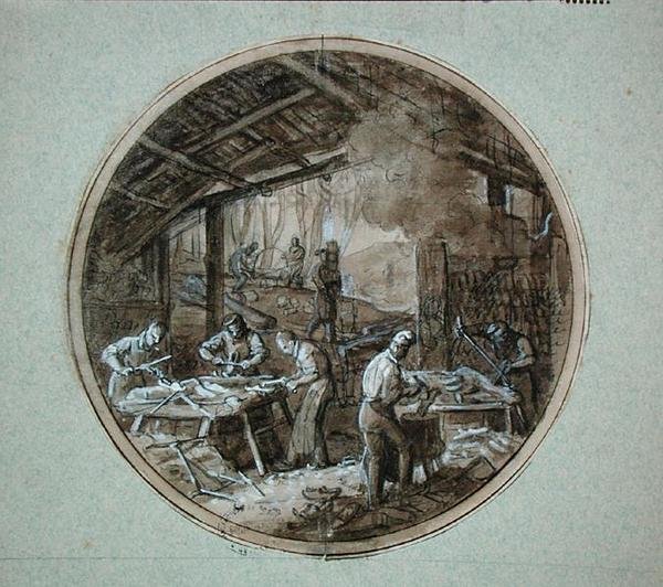 A Oficina dos Clog-Makers, design de placas para um serviço que representa diferentes ofícios, c.1820-35 (caneta e tinta e lavagem e guache sobre papel) de Jean Charles Develly