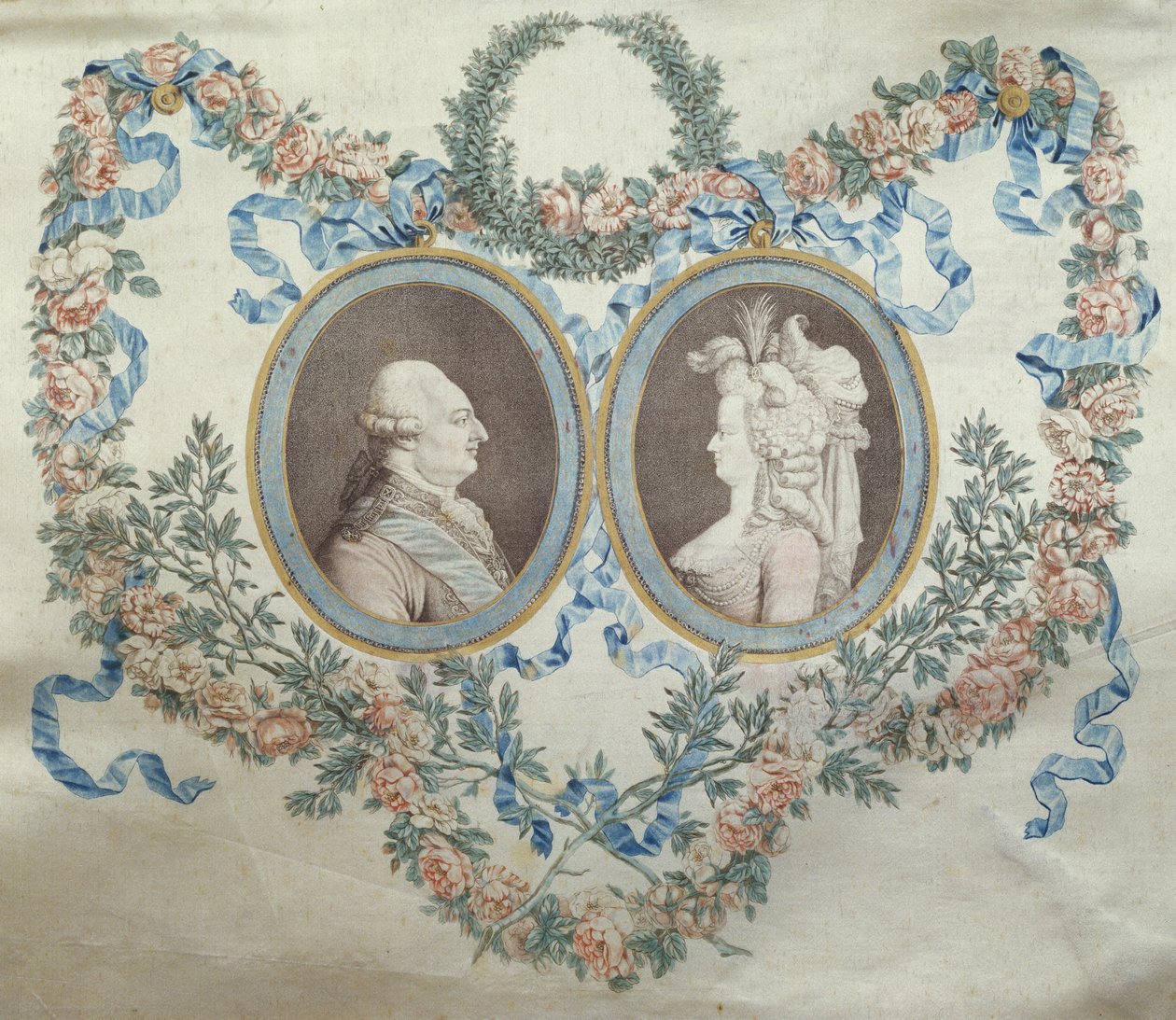 Capa de Bonbonniere representando Luís XVI (1754-93) e Maria Antonieta (1752-93), c.1785 (seda estampada) de Jean Francois Janinet