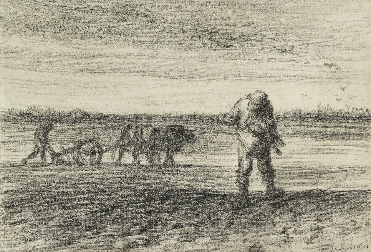 Homem arando e outra semeadura, 1849 - 1852 (lápis preto em papel de palha) de Jean Francois Millet