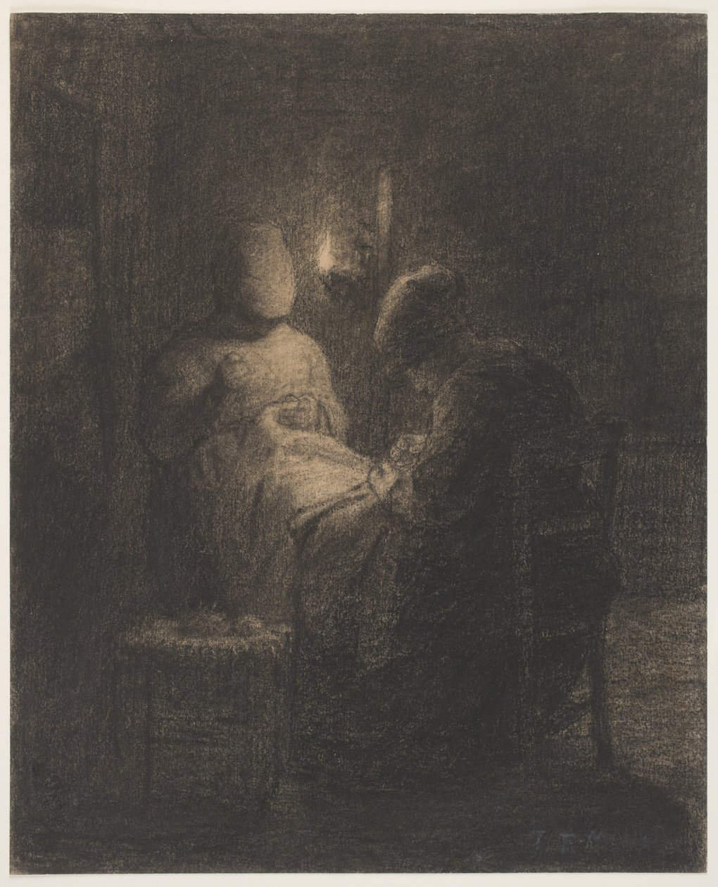A Vigília (Costura Feminina) (carvão sobre papel) de Jean Francois Millet