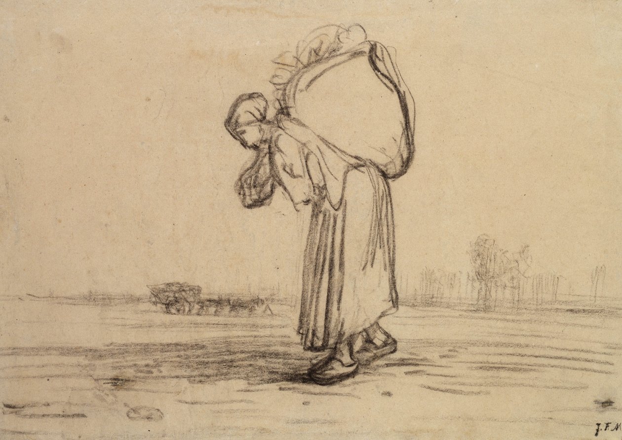 Mulher, carregar, um, saco, ligado, dela, costas, (black, creiom, ligado, paper) de Jean Francois Millet