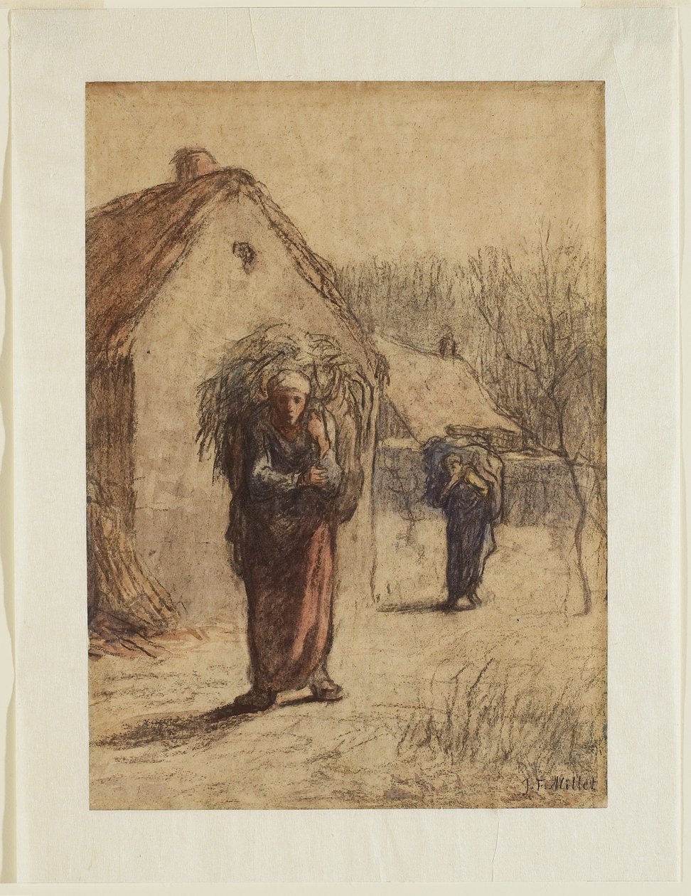 Mulheres carregando cargas de grama seca na entrada de uma aldeia, década de 1850 (carvão, giz e wc sobre papel) de Jean Francois Millet