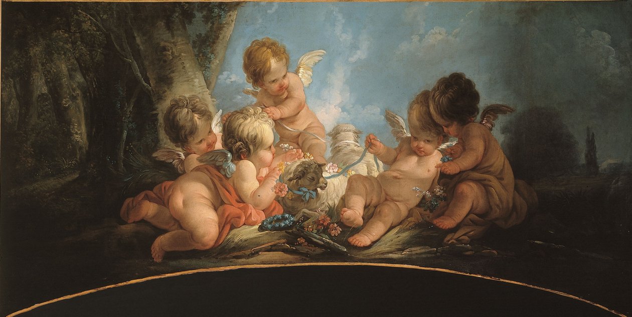 Grupo de cinco amantes a brincar com duas ovelhas de Jean Francois Clermont
