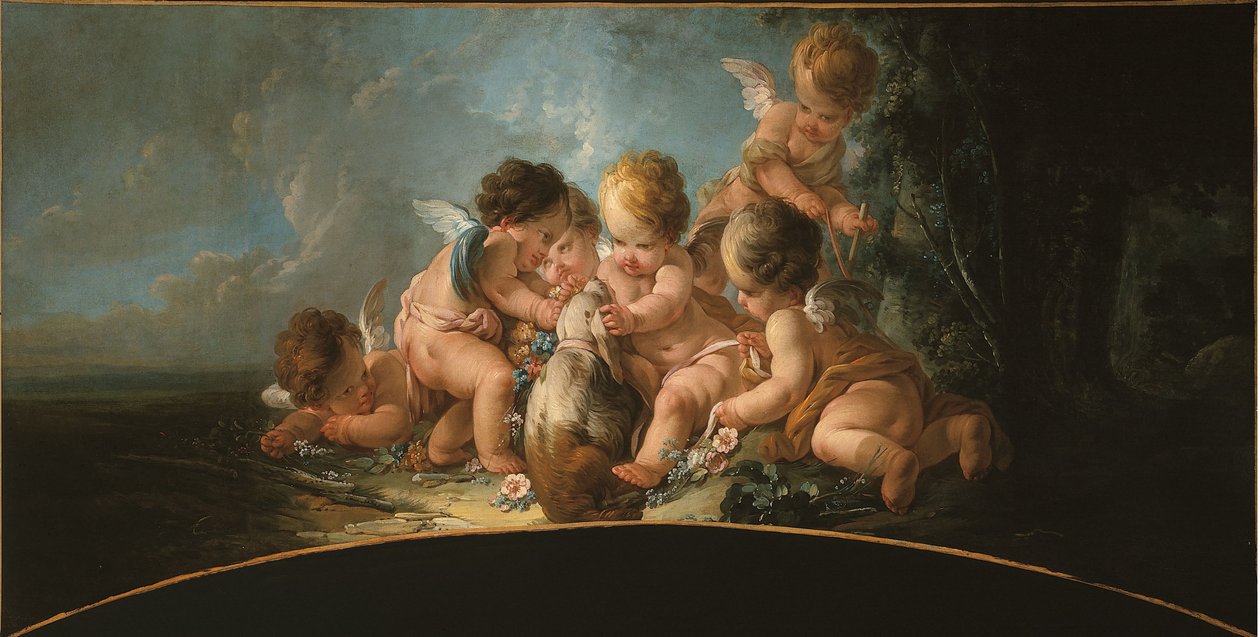Grupo de seis amantes a brincar com um cão, cerca de 1761 (topo da porta) de Jean Francois Clermont