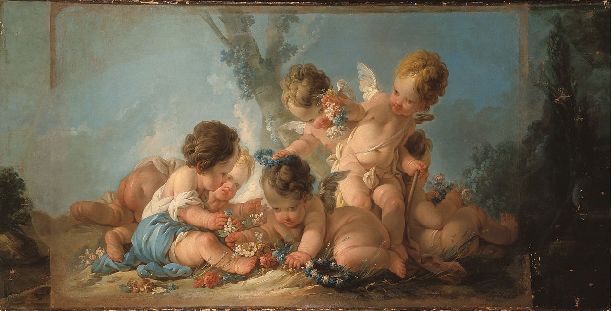 Grupo de seis namorados a brincar com flores, cerca de 1761 (topo da porta) de Jean-Francois Clermont