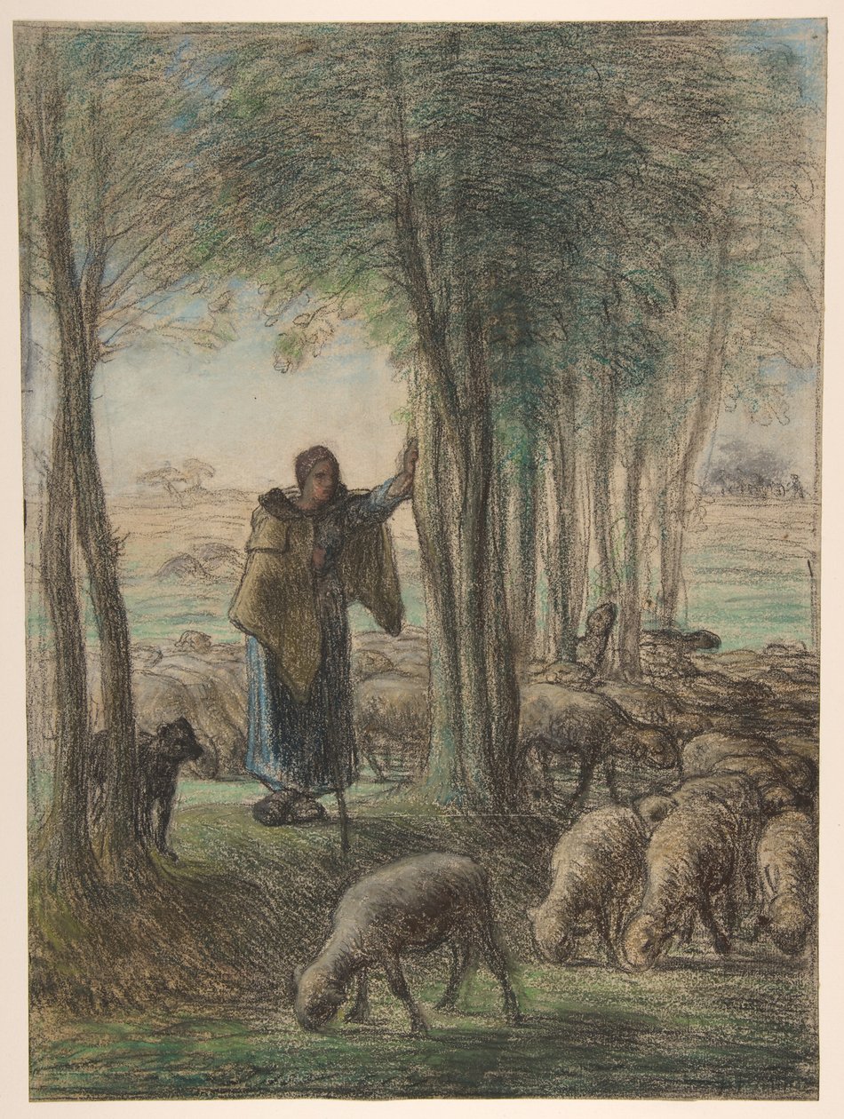 Eine Schäferin und ihre Herde im Schatten der Bäume de Jean-Francois Millet