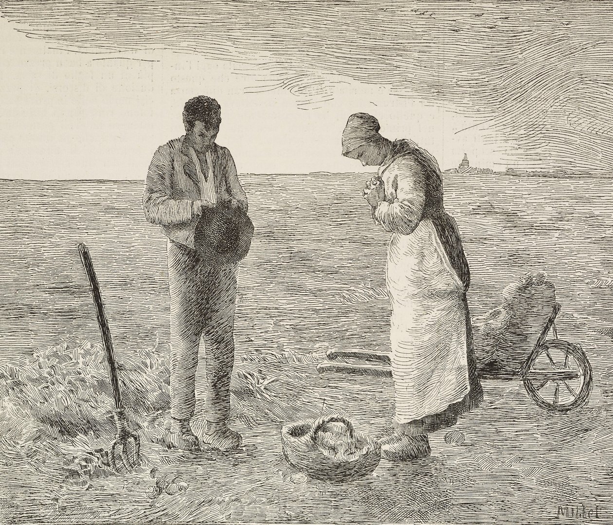 Angelus, casal de agricultores nos campos, gravura da pintura de Jean-François Millet (1814-1875), pintor francês, da L