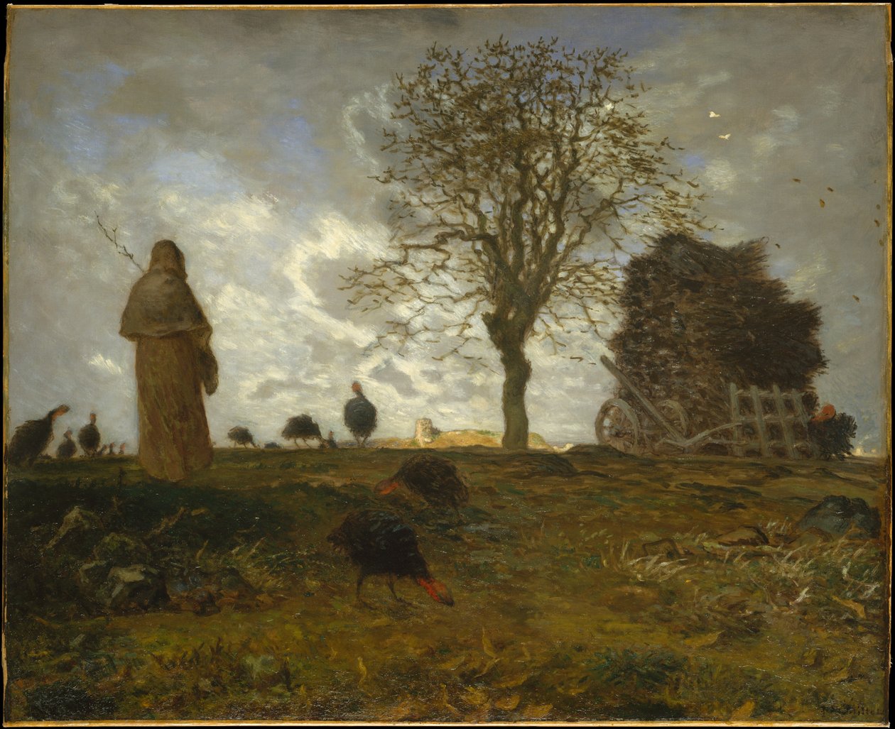 Paisagem de outono com um bando de perus de Jean-Francois Millet