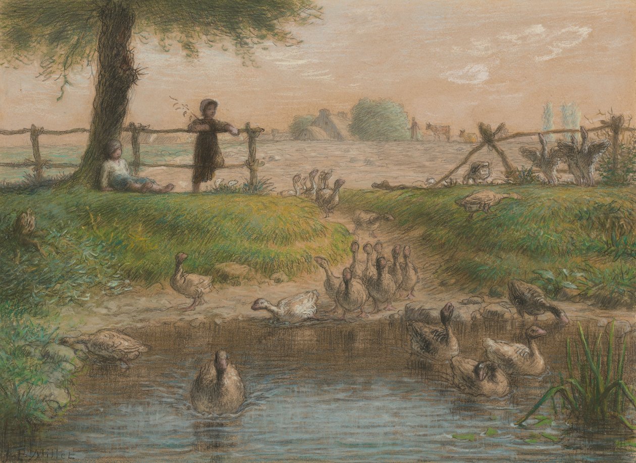 Crianças camponesas junto ao lago dos gansos de Jean-Francois Millet