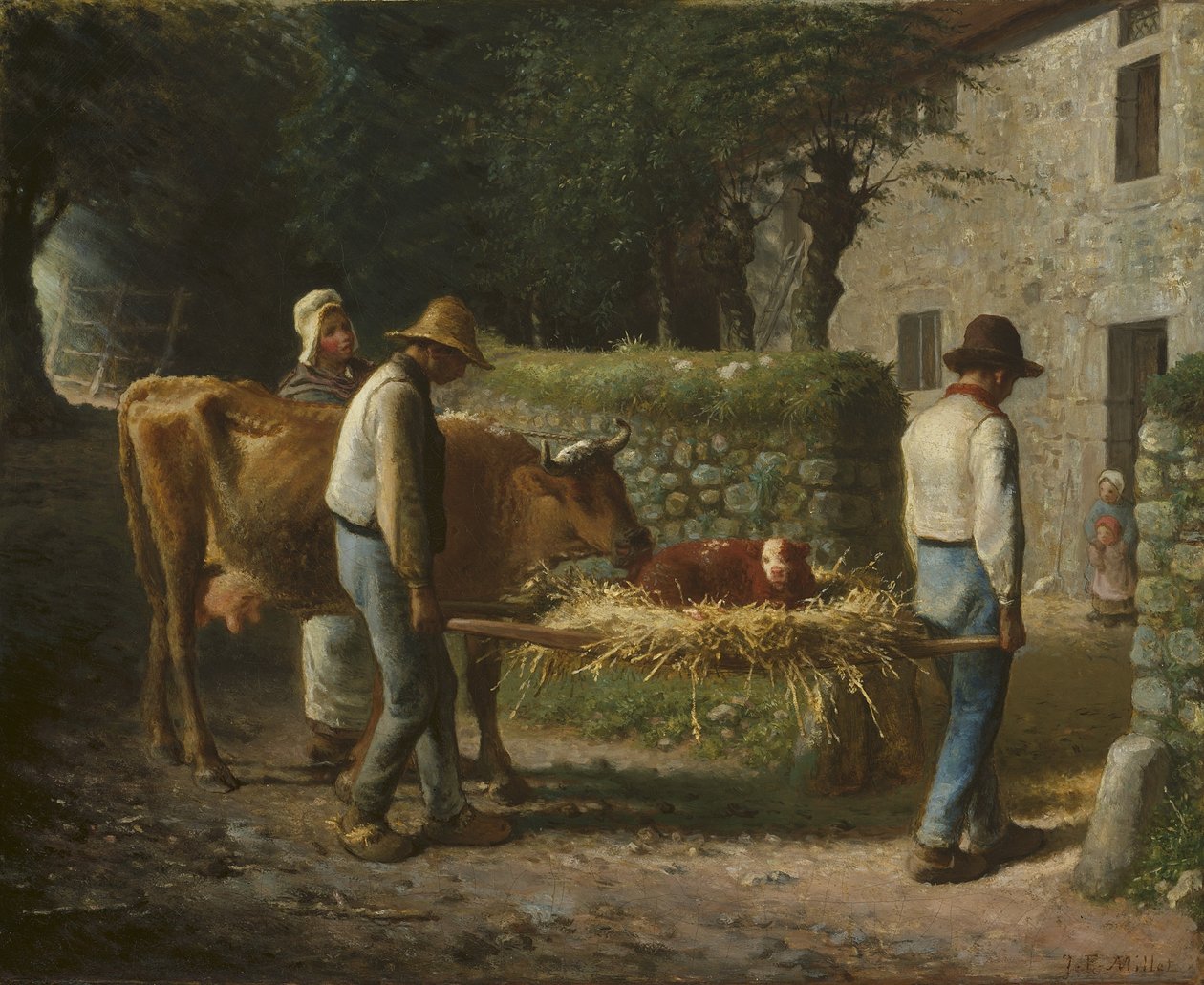 Camponeses trazendo para casa um bezerro nascido nos campos, 1864 de Jean Francois Millet