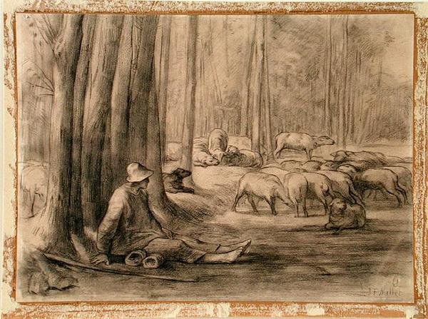 O lugar da bebida na floresta (giz preto sobre papel) de Jean Francois Millet