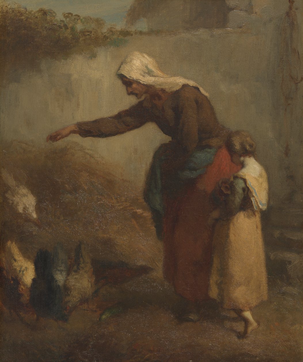Mulher alimentando galinhas de Jean-Francois Millet